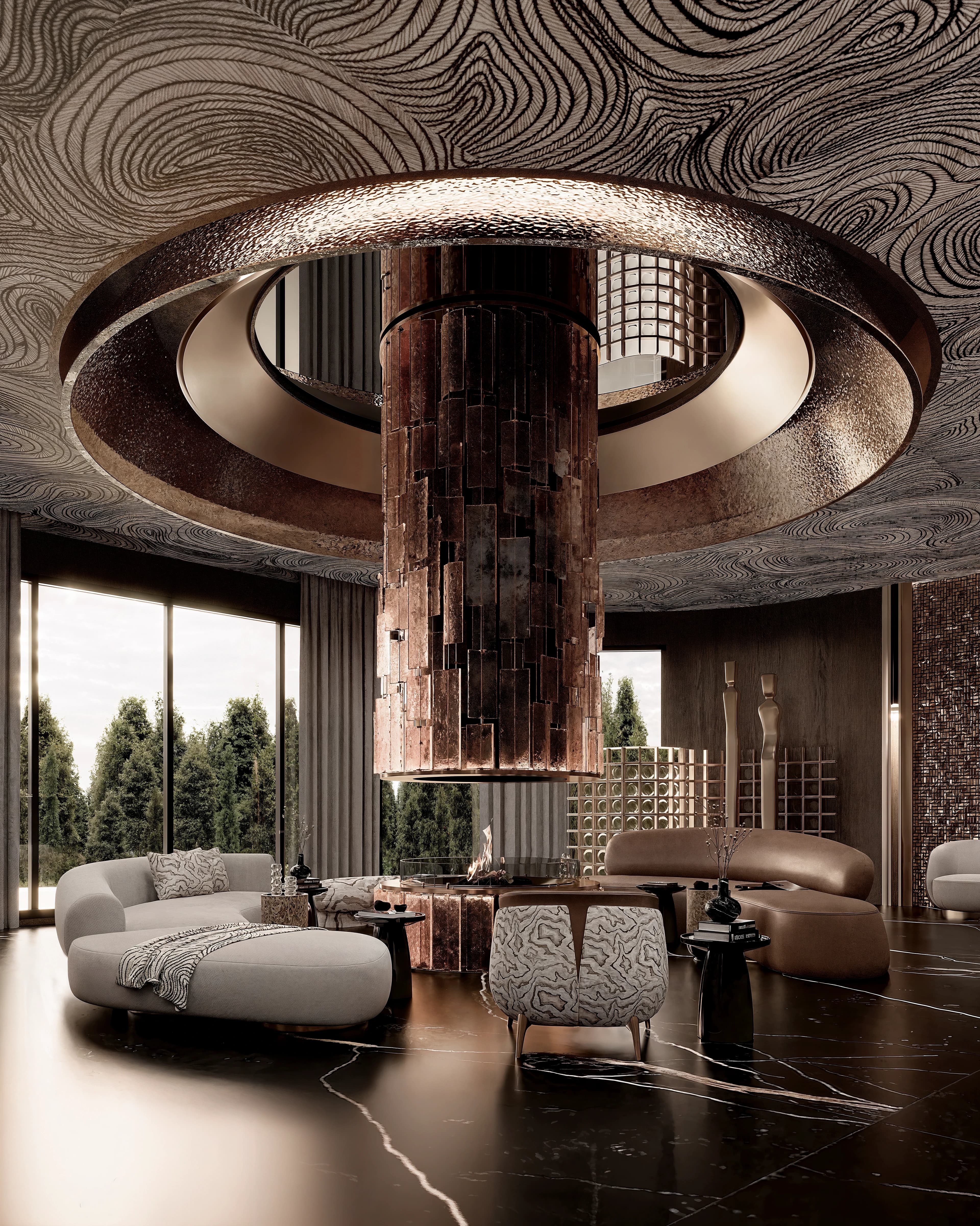 Espace de vie élégant avec design d'intérieur contemporain et aménagement luxueux
